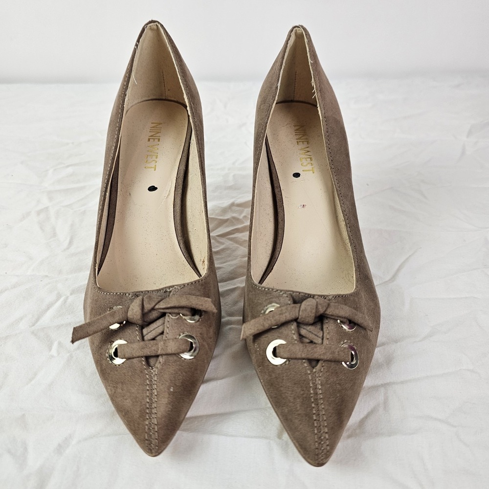 NINE WEST SUEDE Beige Brown Heels Pumps Size 5 1/2 5.5 Lace Up Pointed Toe Heels